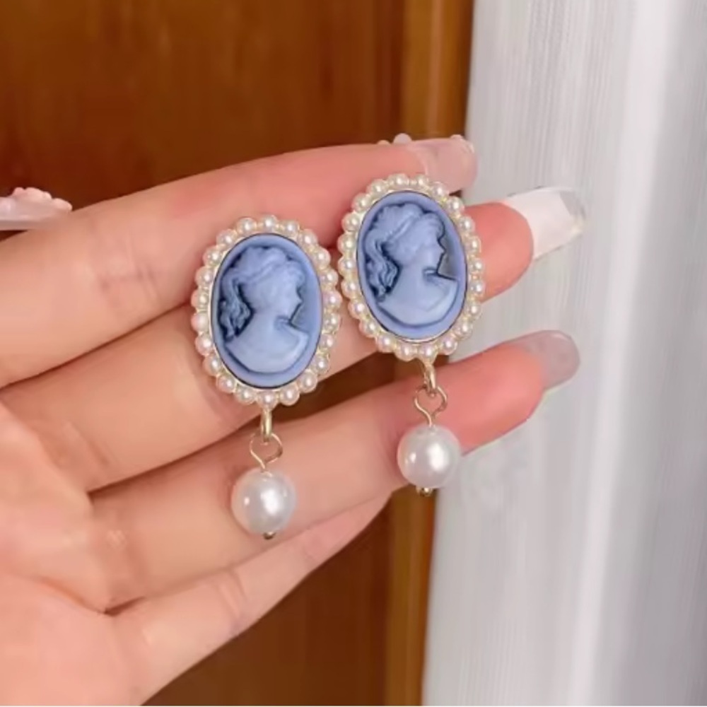 Victoria vintage gold color Blue oval Cameo Pearl Drop Earrings